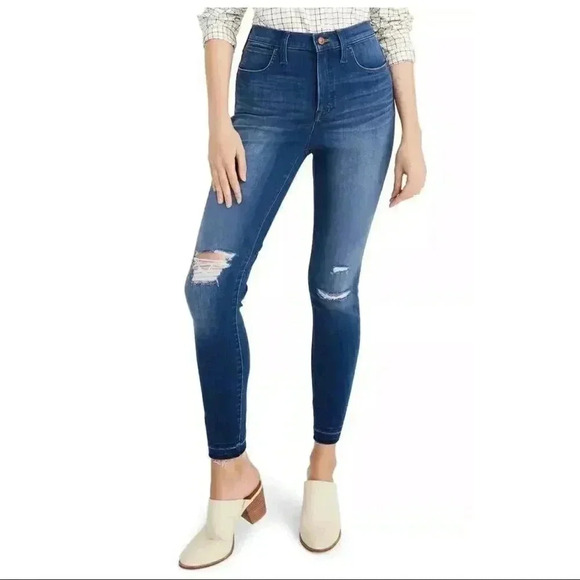 Madewell Distressed 10" High Waist Crop Skinny Jeans K9923 - Blue Wash - - Picture 1 of 8
